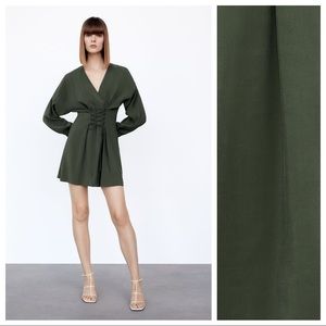 NWT. Zara Khaki Green Mini Dress With Drawstring. Size XL.